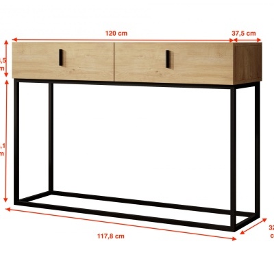 Aparador de madeira clara com gavetões e estrutura metálica preta, medidas em vermelho