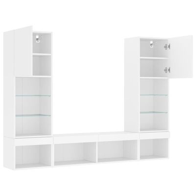 Móvel de sala modular branco com prateleiras de vidro e portas superiores