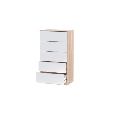 Cômoda madeira carvalho claro com gavetas brancas parcialmente abertas