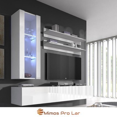 Móvel de sala de estar moderno branco com prateleiras, compartimento iluminado, televisão e parede cinzenta