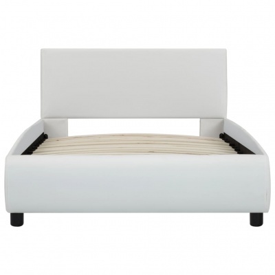 Cama de casal branca com cabeceira estofada e base de ripas de madeira