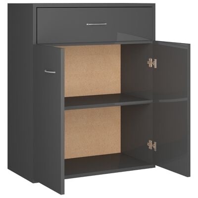 Armário de cozinha cinza escuro com gaveta e portas abertas