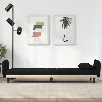 Sofá cama modular preto com estrutura de madeira em sala minimalista