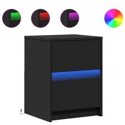 Gaveteiro preto com iluminação LED azul e amostras de iluminação verde, vermelho e roxo