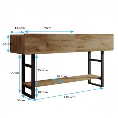 Aparador de madeira com estrutura metálica preta e dimensões anotadas.