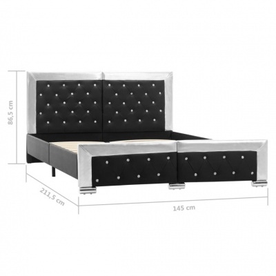 Cama de casal estofada preta e branca com botões prateados e medidas indicadas