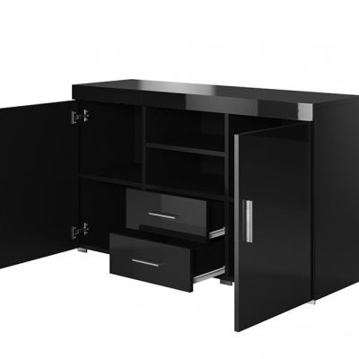 Móvel de arrumação preto com portas e gavetas abertas, acabamento brilhante
