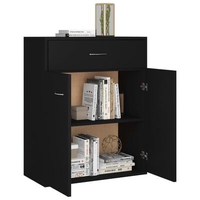 Móvel preto com gaveta e portas contendo livros e objetos decorativos