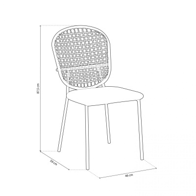 Cadeira preta com assento macio e encosto quadriculado, com medidas em centímetros.
