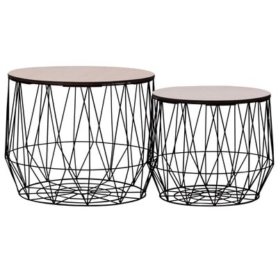 Conjunto de duas mesas redondas com tampo de madeira e base metálica preta