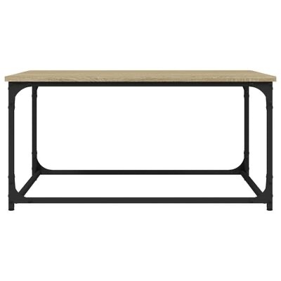 Mesa retangular com tampo de madeira clara e estrutura metálica preta sobre fundo branco