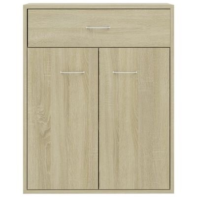 Móvel de madeira clara com gaveta e duas portas com puxadores metálicos