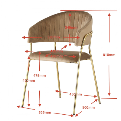 Cadeira castanha estofada com pernas metálicas douradas e medidas em milímetros