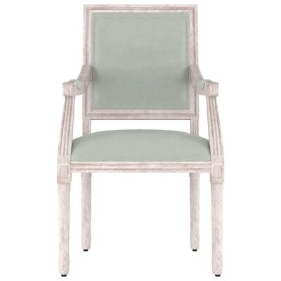 Cadeira de madeira clara com estofado verde-acinzentado