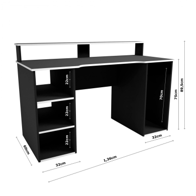 Secretária preta com prateleira branca e prateleiras laterais medidas