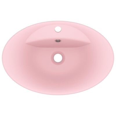 Lavatório oval rosa cerâmico com orifícios para torneira e ralo