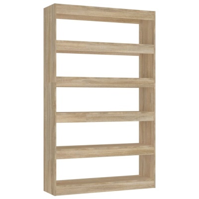 Estante de madeira clara com cinco prateleiras horizontais.