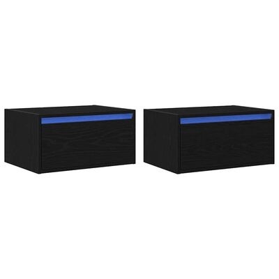 Duas mesas-de-cabeceira retangulares pretas com faixa azul nas gavetas