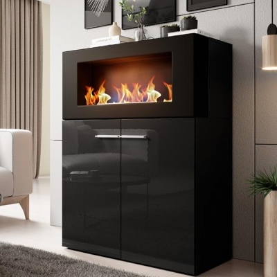 Móvel lareira moderno preto brilhante com fogo visível e portas