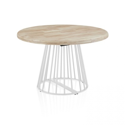 Mesa redonda com tampo em madeira clara e base metálica branca