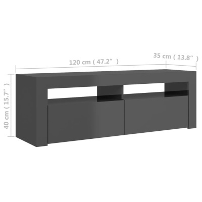 Móvel cinzento escuro com gavetas e compartimentos abertos, vista lateral com dimensões