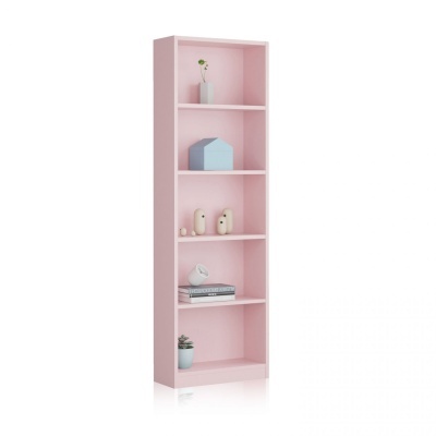 Estante rosa de 5 prateleiras com decoração minimalista