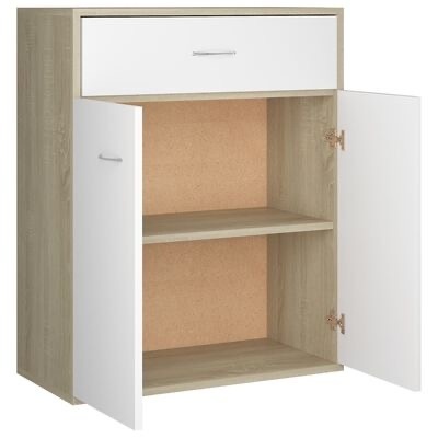 Móvel de arrumação de madeira com portas e gaveta brancas aberto