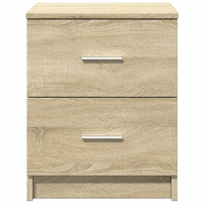 Mesa de cabeceira em madeira clara com dois gavetões e puxadores metálicos prateados