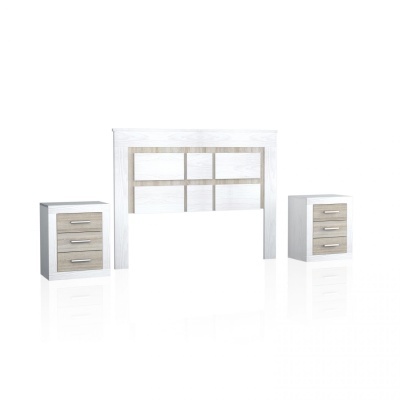 Cabeceira de cama branca com vitrô e duas mesas de cabeceira brancas com gavetas