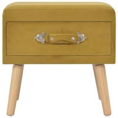 Mesa de apoio amarela com pernas de madeira clara e alça metálica