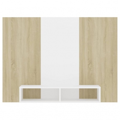 Móvel de parede em madeira clara e branco com compartimentos abertos