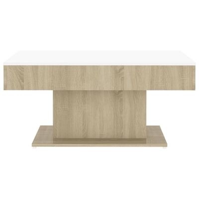 Mesa de centro retangular com tampo branco e base em madeira carvalho claro