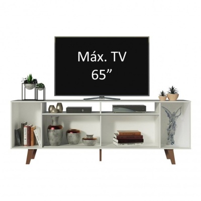 Móvel de TV branco com decoração e televisão com texto Máx. TV 65 no ecrã