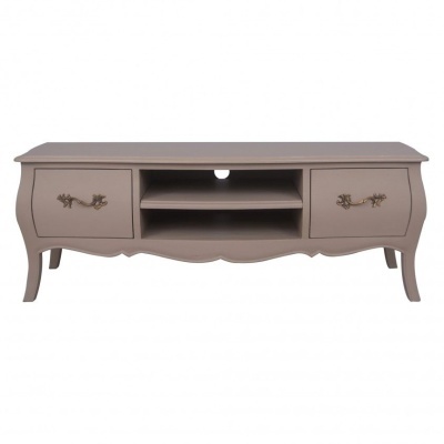 Móvel de televisão cinzento com duas portas laterais e prateleiras abertas