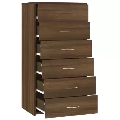 Cômoda de madeira castanha com seis gavetas e puxadores metálicos