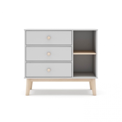 Cómoda cinzenta com gavetas e compartimento aberto com prateleira