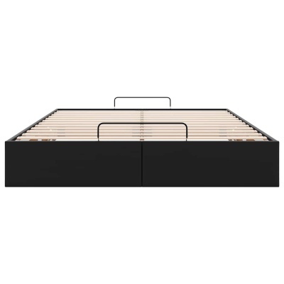 Estrado de cama preto com ripas de madeira e pegas metálicas