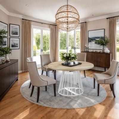 Sala de jantar com mesa redonda de madeira clara e cadeiras cinza