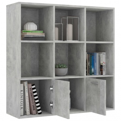 Estante modular cinza com 9 compartimentos, 2 com portas, livros e decoração