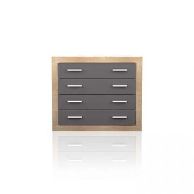 Cômoda moderna com gavetas cinzentas e estrutura em madeira clara