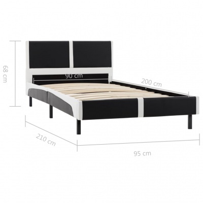 Cama estofada preto e branco com cabeceira acolchoada e medidas indicadas.