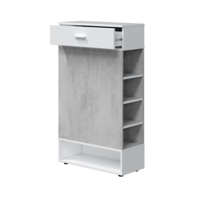 Móvel multiuso branco com gaveta aberta e prateleiras laterais cinza claro