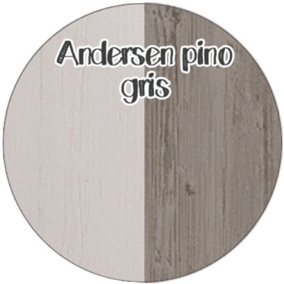 Amostras de madeira pintada em cinza com texto Andersen pino gris
