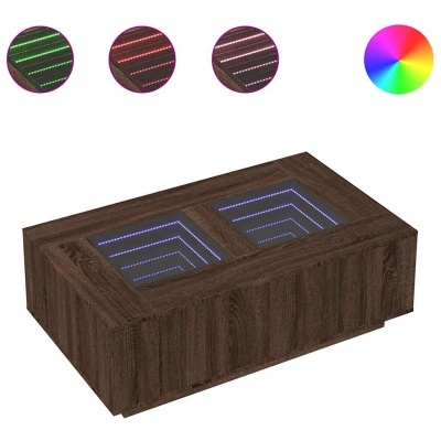 Mesa de centro em madeira escura com luzes LED coloridas no tampo de vidro