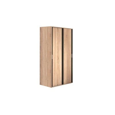 Armário de madeira castanha clara com duas portas deslizantes e faixa preta vertical