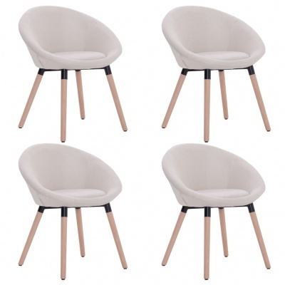 Quatro cadeiras cinza claro com pernas em madeira clara sobre fundo branco