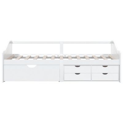 Cama de solteiro branca com gavetas e estrutura ripada em madeira