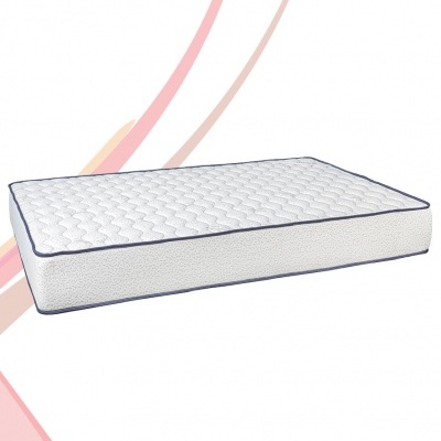 Colchão branco acolchoado com bordas azul escuro sobre fundo branco com linhas curvas rosas e bege