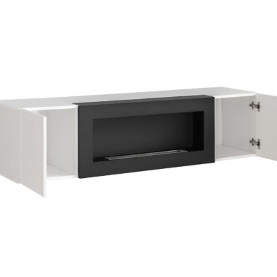 Móvel branco com portas abertas e compartimento preto no centro