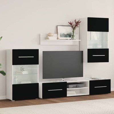 Móvel de sala modular branco com portas pretas e prateleira branca com decoração